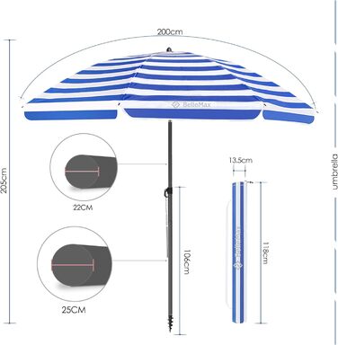 Плаяжна парасолька BelleMax 160 см пляжна вітрозахисна із захисним чохлом із захистом від сонця UV50 синьо-білі смуги