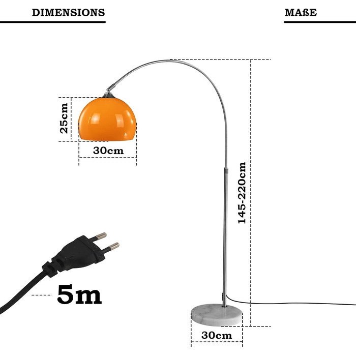 Дуговий світильник Jago - регулюється по висоті, від A до E, 145-220/130-180 см, E27 LED, макс.60 Вт, помаранчева/біла дугова лампа, торшер, торшер, арка Торшер (висота 145-220 см, помаранчевий) Висота 145-220 см Помаранчевий