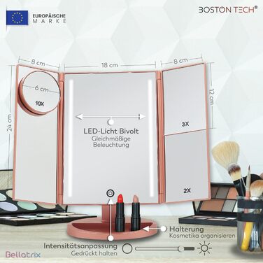 Косметичне дзеркало зі світлом Bellatrix від Boston Tech збільшення /2X/3X/10 шт. 3-стороннє регулювання світлодіодна стрічка поворот на 180 подвійне джерело живлення сенсорний екран