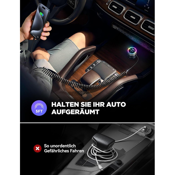 Адаптер Bluetooth JOYROOM Автомобільний FM-передавач Автомобільний передавач Bluetooth 5.4 для автомобіля Bluetooth, подвійний мікрофон і світлодіодне світло, Bluetooth і U-диск