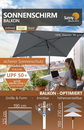 Парасолька 4smile Parasol Balcony SunnyShade Plus 200 x 125 см для захисту від ультрафіолету UV50 із захисним чохлом  антрацит