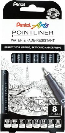 Набір з 8 Fineliners, чорний, водонепроникний і світлостійкий, 0,03-0,8 мм, 20P-8