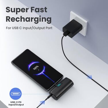 Міні-павербанк 5200 мАг, зовнішній акумулятор Small Power Bank USB C PD, компактний акумулятор з РК-дисплеєм і цифровим дисплеєм, сумісний з iPhone 15/16, Samsung S23/24 Series, Note20/10 Series, Huawei, iPad Pro/Air-Black