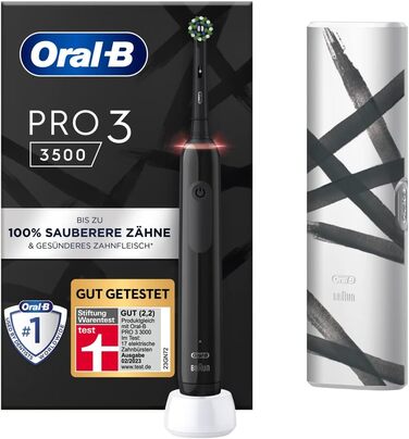 Електрична зубна щітка/електрична зубна щітка Oral-B PRO 3 3500, з 3 режимами чищення та візуальним регулюванням тиску на 360 для догляду за зубами, дорожні смужки, подарунок чоловік/жінка, чорний чорний зі смужками для дорожнього чохла