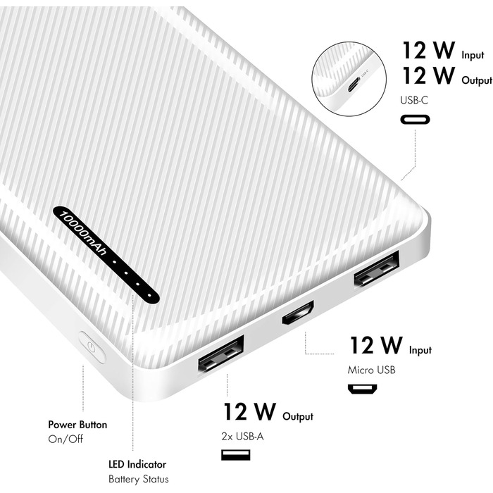 Для пристроїв) з функцією швидкої зарядки, USB-C Micro-USB (зарядка power bank), білий, 0328W - Powerbank 10000 mAh, 2 шт.