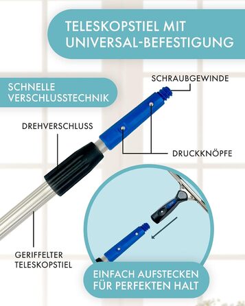Комбінований комплект телескопічна штанга віконний ракель та віконний ракель (45 см кожен) від LEWI для великих вікон і кутів штанга (2х60 см) для більш високих місць в т.ч. безкоштовний зразок Засіб для миття скла 3в1 Набір 45 см