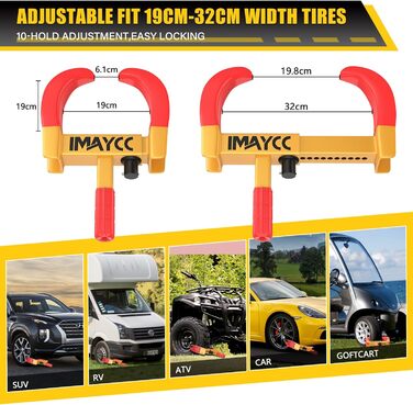 Замок причепа з паркувальним кігтем IMAYCC, колісний кіготь для причепа з регулюванням на 10 отворів і захисним замком з мідним сердечником, універсальний замок колеса іммобілайзера для каравану шин шириною 19-32 см, автофургону, автомобіля червоний/жовти