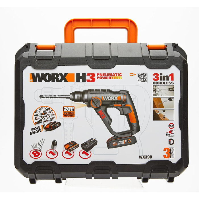 Перфоратор WORX WX390 SDS-plus - 20В дриль з пневматичним ударним механізмом для загвинчування, свердління та забивання - Енергія удару 1,2 Дж - З літій-іонним акумулятором 2,0 Ач, зарядним пристроєм та кейсом 1,2 Дж вкл. 1 акумулятор та зарядний пристрій