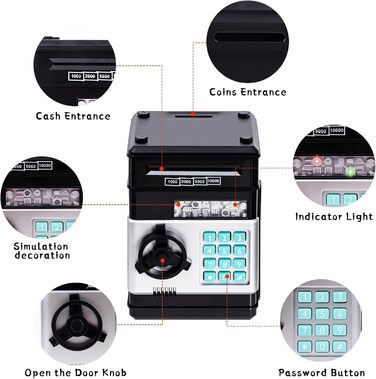Скарбничка купюри Електронні гроші Банк Скарбничка, Скарбничка Скарбничка Банкомат Скарбничка Дитяча Цифровий Банкомат Скарбнички з лічильником, Подарунки на День Народження для 5-12 років Хлопчик (Чорний)