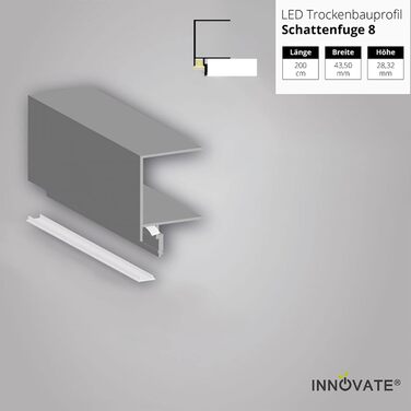 Профіль для гіпсокартону INNOVATE 2m LED Shadow Gap 8 з кришкою Алюмінієвий світлодіодний профіль для освітлення бухти в гіпсокартонному будівництві Алюмінієвий профіль для світлодіодних стрічок до 6 мм з покриттям молочного кольору