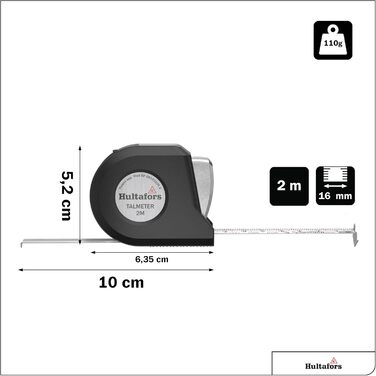 Рулетка талреп 2 метри I Hultafors I Клас точності II I Зроблено в ЄС I Рулетка 7 в 1 з унікальною функцією вимірювання та розмітки I 359103 Одинарна