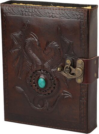 ПЕРЕДОЗУВАННЯ Deckle Double Dragon with Stone Leather Journal - Дорожній журнал для чоловіків і жінок Ескізи Щоденник Книга тіней Вінтажний папір ручної роботи Deckle Edge Paper - 6x8 дюймів 15 х 20 см A5 A5 Унікальний, вінтажний