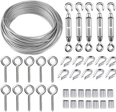 Набір мотузок з нержавіючої сталі TooTaci 2 мм, набір шпалер для тросів, натягувач мотузки M5 з нержавіючої сталі та 304 натяжний дріт з нержавіючої сталі в ПВХ оболонці, сталевий трос з вушками, набір для натягу мотузки для підвісів, огорожі, штор, саду 