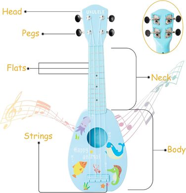 Дитяча гітара, 17-дюймова акустична гітара дитяча, укулеле з 4 струнами і медіаторами, підходить для початківців і дітей, новорічні подарунки (синя) 17 дюймів, синя