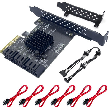 Карта 6 портів, 6 Гбіт/с 4 шт. SATA 3.0 PCIe карта, PCIe до SATA контролера плата розширення без рейду з 6 кабелями SATA низькопрофільний кронштейн, Plug and Play Windows, Linux система ASM1166 чіп 6 портів 4x-чорний