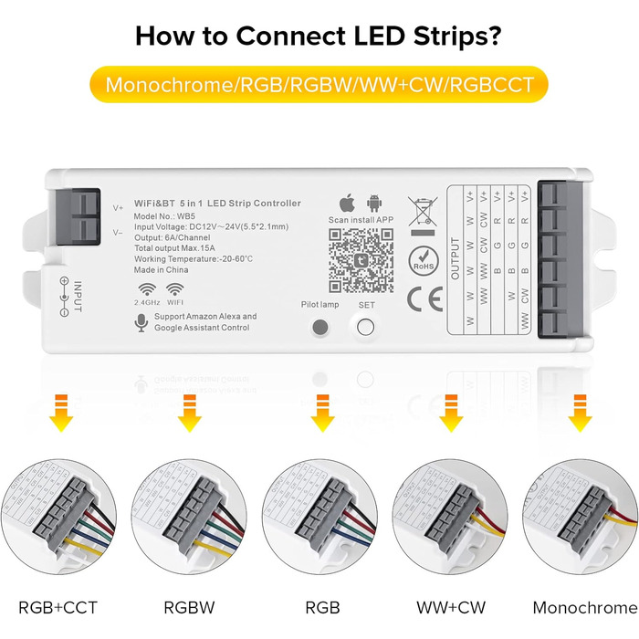 Світлодіодний контролер SEZO WB5 5-в1 WiFi Bluetooth з автоматичною синхронізацією, сумісний з Alexa/Google Home/Tuya Smart Life APP Control для монохромної світлодіодної стрічки RGB RGBCCT RGBW DC12-24V