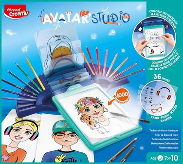 Світловий стіл, світлова машина, машина для малювання AVATAR STUDIO - створюйте власні аватарки - вкл. 36 шт. шаблонів та 14 шт. кольорових олівців, різнокольорові