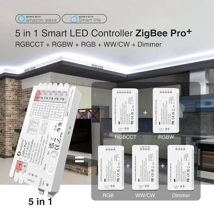 Розумний світлодіодний контролер ZigBee 3.0 Pro 5 в 1, 2.4 ГГц WiFi ШІМ світлодіодний контролер 20A Max DC12-24V Сумісний з Alexa Google Home Smart Life Tuya Smart APP Керування для диммера CCT RGB RGBW RGBC RGBC LED