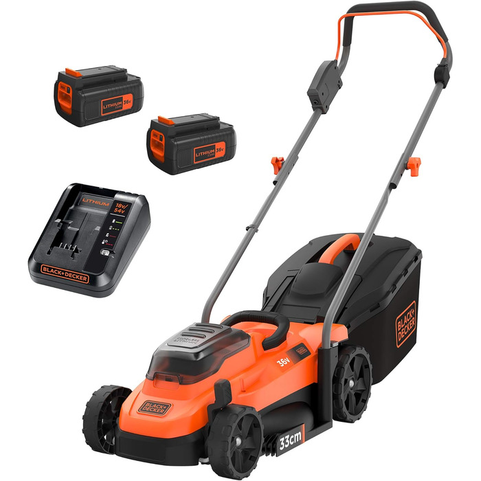 Акумуляторна газонокосарка BlackDecker BCMW3336L2 (36 В, 2,5 Ач, ширина зрізу 33 см, для газонів середнього розміру до 500 м, 5-позиційне регулювання висоти, в комплекті 2 акумулятора, зарядний пристрій, травозбірник на 35 л), помаранчевий/чорний