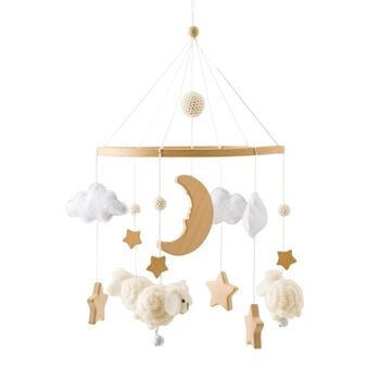 Тварини Мобільні дитячі дзвіночки Wind Chimes, Зоряний місяць Lamb Mobile Baby Wood з фетровими кульками, Мобільний кулон з дзвіночком для дитячої дівчинки для дитячого ліжечка хлопчиків і дівчаток (білий)