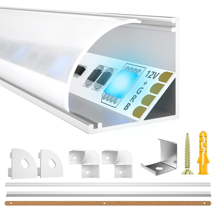 Світлодіодний алюмінієвий профіль LIAOINTEC 10 x 1 м V-подібна форма з білою молочною кришкою, торцевими кришками та монтажним затискачем для світлодіодних стрічок, стрічок (світлодіодні стрічки/стрічки до 12 мм включно) V-подібний профіль