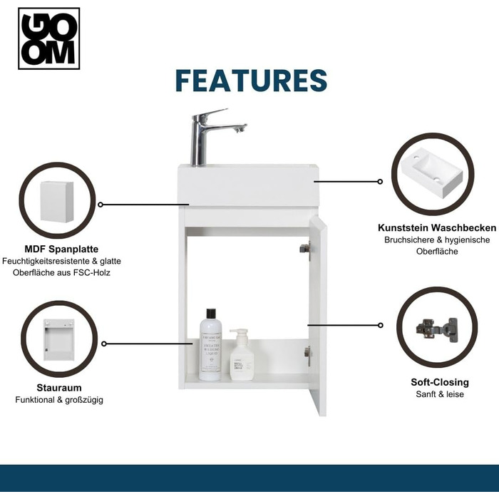 Набір умивальників для гостьового туалету GOOM 40 см Меблі для ванної кімнати Попередньо зібраний невеликий умивальник з нижньою тумбою (глянцевий білий, умивальник) Умивальник Глянцевий білий