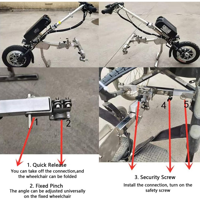 Електричний ручний велосипед Кріплення для інвалідного візка, 3 регулювання швидкості, запас ходу 90 км, 12-дюймові колеса, комплект для переобладнання електричного інвалідного візка
