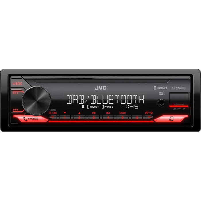 Автомагнітола JVC KD-X282DBT USB з системою гучного зв'язку DAB і Bluetooth (USB, AUX-вхід, 1 x pre-out 2,5 В, звуковий процесор, 4x50 Вт, підсвічування червоної клавіші)