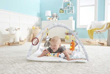 Чуттєва дитяча ігрова ковдра Fisher-Price HBB74-5, м'який ігровий килимок із сенсорними іграшками, шість знімних іграшок для активності, дитяче обладнання від народження (стандартна упаковка)