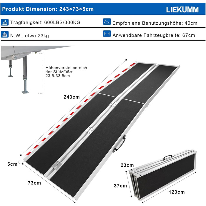 Пандус для інвалідного візка LIEKUMM 243CM, до 300 кг, нековзний алюмінієвий пандус, з опорними ніжками, пандус для сходинок, сходів, відкривання дверей