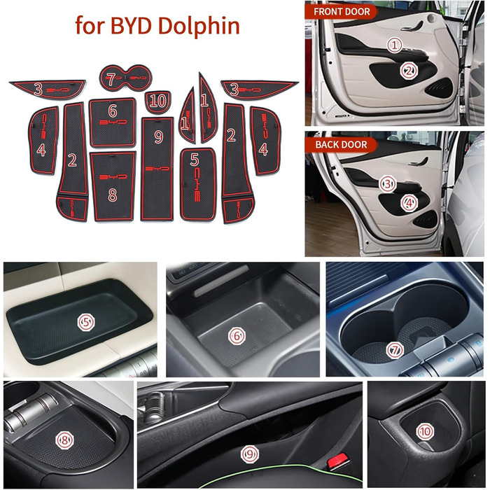 Підходить для BYD BYD Dolphin Premium рифлені килимки, килимок для дверей автомобіля, підстаканник, центральна консоль, салон автомобіля, нековзний гумовий килимок з логотипом, ПВХ (14 шт. /комплект) (червоний) ПВХ червоний