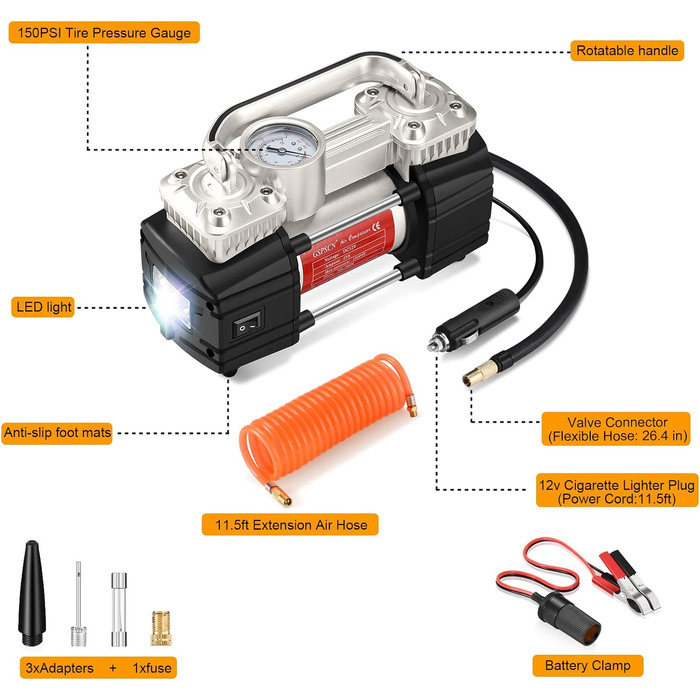 Повітряний компресор GSPSCN 12V, портативний металевий насос для накачування шин 150PSI, автомобільний двоциліндровий повітряний насос зі світлодіодними ліхтарями для легкового автомобіля, вантажівки, позашляховика, автофургону, м'ячів тощо. Срібло