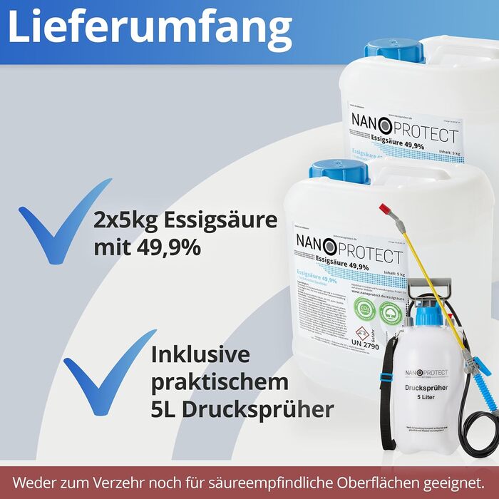 Оцтова кислота Nanoprotect У комплекті з розпилювачем під тиском Ідеальний засіб для чищення та видалення накипу Для дому та саду Преміум-якість - Зроблено в Німеччині, 10 кг