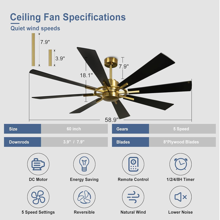 Сучасний стельовий вентилятор Depuley 60' з пультом дистанційного керування, стельовий вентилятор тихий, стельовий вентилятор без світла, швидкість, жовто-бронзовий 8 лопатей, для спальні, кухні, вітальні, балкона 60' без світло-золотого