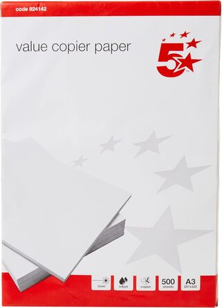 Канцелярський копіювальний папір 5 зірок, багатофункціональний, вставлений, 80 г/м, A3, білий, 500 аркушів