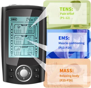 Апарат TENS EMS, 36 режимів 3-в-1, TENS EMS і функція масажу з 10 електродами, EMS і масаж 2 канали Полегшення болю спини, плечей, ніг, шиї