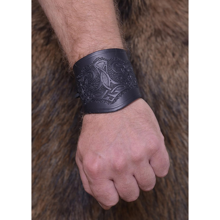 Нарукавники Battle-Merchant зі шкіри, з молотом Тора, короткі - Браслет Arm Warmer Viking LARP Medieval Black