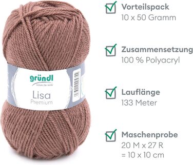 Пряжа Grndl Lisa Premium Uni Knitting & Chet Yarn (м'яка і вовняна характер, проста в догляді миється пряжа з 100 поліакрилу, 50 г/ 133 м, розмір голки 3,5 - 4,5, 10 клубків по 50 г кожен), (нуга)