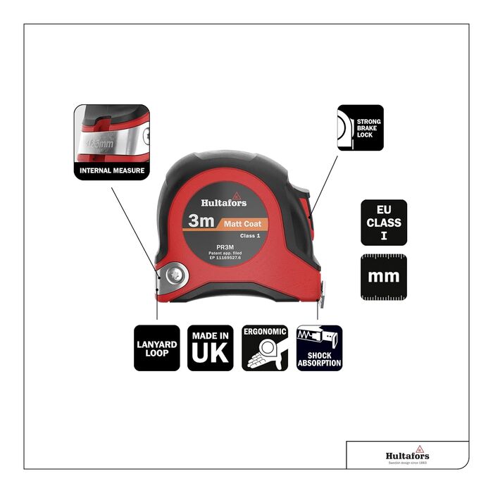 Рулетка 3 м від Hultafors I Клас точності I Зроблено у Великобританії I З рухомим кінцевим гачком I Рулонна рулетка з функцією фіксації та міліметровою шкалою I 350103 Одинарна