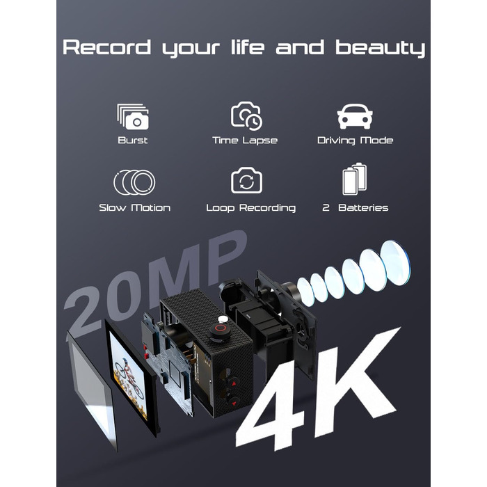 З картою 64G Action Cam 4K30FPS 20MP WiFi Спортивна камера Підводна камера 40 м Водонепроникна 170 Широкий кут 2.4G Пульт дистанційного керування 2x1050mAh батареї з комплектом аксесуарів, 80Air