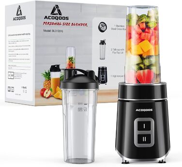 Смузі-машина ACOQOOS Blender, міксер для піску потужністю 500 Вт, включаючи 2 шт. блендер-глечик 600 мл (без бісфенолу А, посудомийна машина), смузі-машина для приготування коктейлів, смузі та дитячого харчування