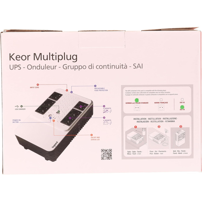 Джерело безперебійного живлення (система ДБЖ), розетка Keor Multiplug з 800 ВА/480 Вт, 6 виходів на 230 В (розетки Schuko) та зарядний пристрій USB, інтерактивна лінія, внутрішній стабілізатор, автомат. Перезапустіть 310082