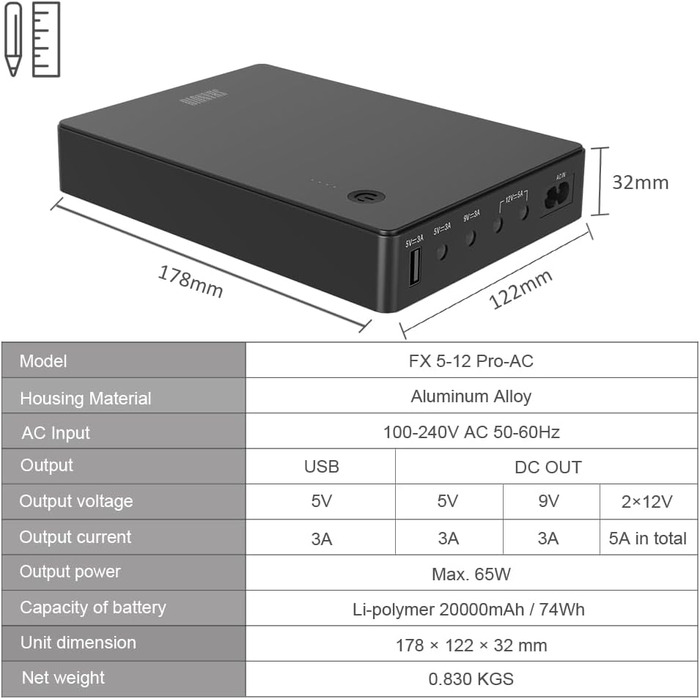 Джерело безперебійного живлення Shanqiu UPS Mini UPS для маршрутизатора, модему, камери з вхідним виходом змінного струму USB 5 В постійного струму 5 В 9 В 12 В 3 А (74 Втгод)