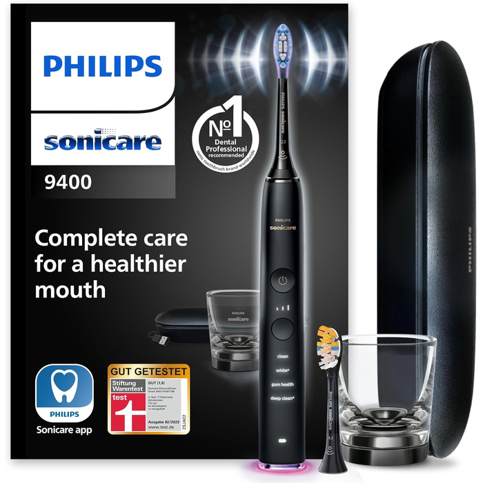 Електрична зубна щітка Philips Sonicare DiamondClean Smart 9400, звукова зубна щітка з додатком, датчиком тиску, визначенням головки щітки, 4 режими чищення та 3 рівні інтенсивності, чорний, модель HX9917/89 Black (2 насадки для щітки)