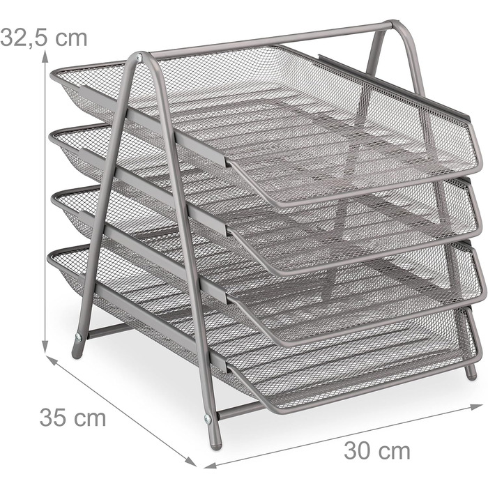 Лоток для документів Relaxdays, лоток для паперу формату A4, 4 відділення, 32,5 x 30 x 35 см, сітчастий дизайн, офісний лоток, срібло