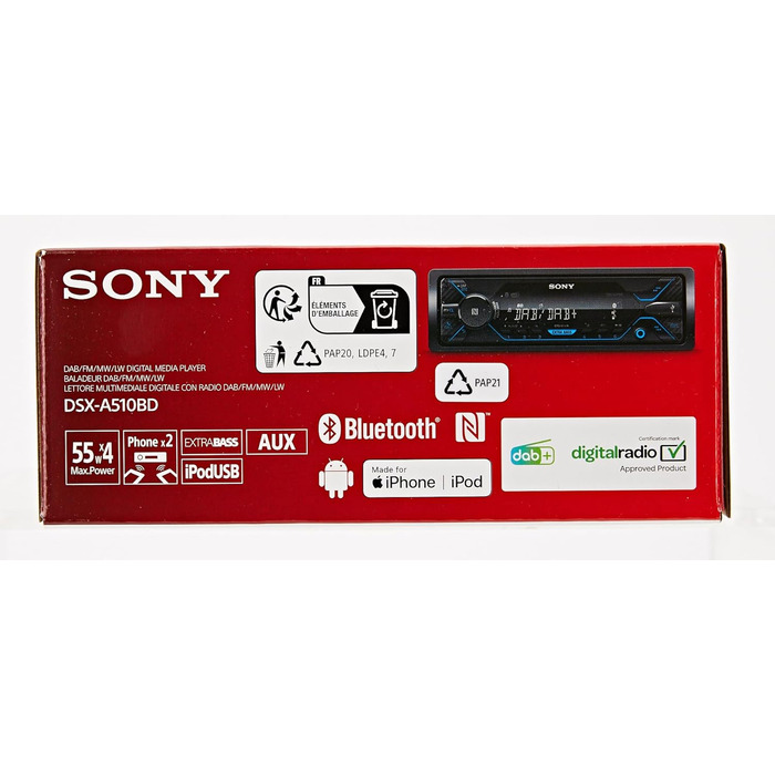 Автомобільна стереосистема Sony DSX-A510KIT DAB з антеною, подвійним роз'ємом Bluetooth, NFC, USB та AUX синє освітлення Гучний зв'язок, чорне радіо DAB з Bluetooth