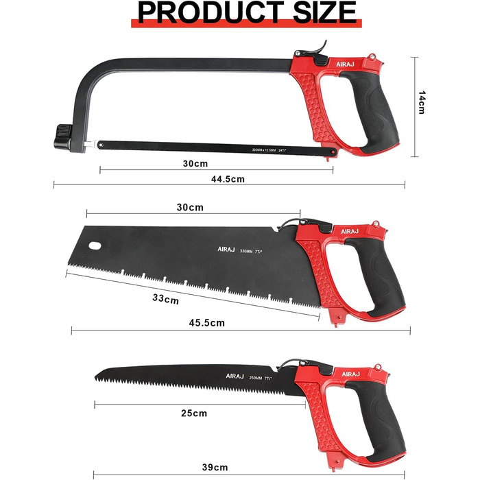 Набір пилок по металу AIRAJ, ножівки з 9 змінними лезами, пила для обрізки 250 мм, пила по металу 300 мм і ручна пила 330, для металу, дерева, сталі, труб ПВХ, замороженого м'яса, ножівки та пластику Багатофункціональні
