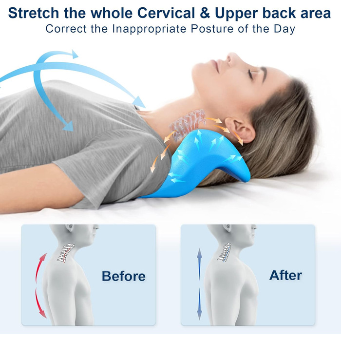 З точкою масажу верхньої частини спини, тракційним пристроєм для шийного хребця Розгинач шиї для полегшення болю в СНЩС і вирівнювання шийного відділу хребта, подушка для мануальної терапії (синя)