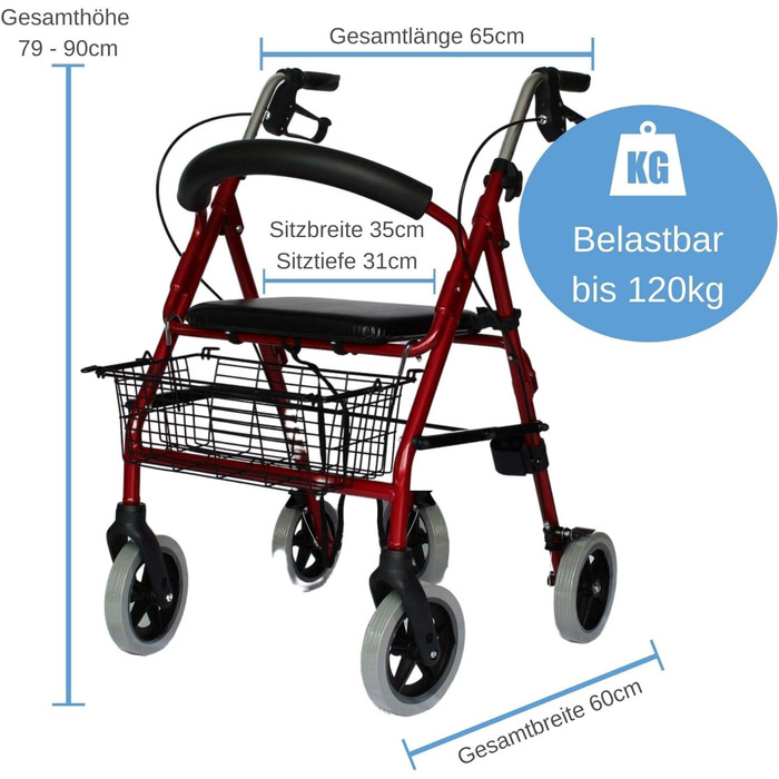 Легкий роллер LR 56 I Rollator з сидінням, включаючи кошик для покупок і тримач палиці для ходьби, з новітньою технологією складання та регулюванням висоти (56 см червоний)