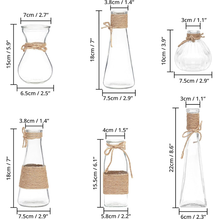 Маленькі вази для прикраси столу Winter Shore Pack of 6 - Квіткова ваза Vintage різних форм - Настільні вази маленькі з нековзним дном і коричневою мотузкою - Сільські вази маленькі для прикраси столу та весільні прикраси